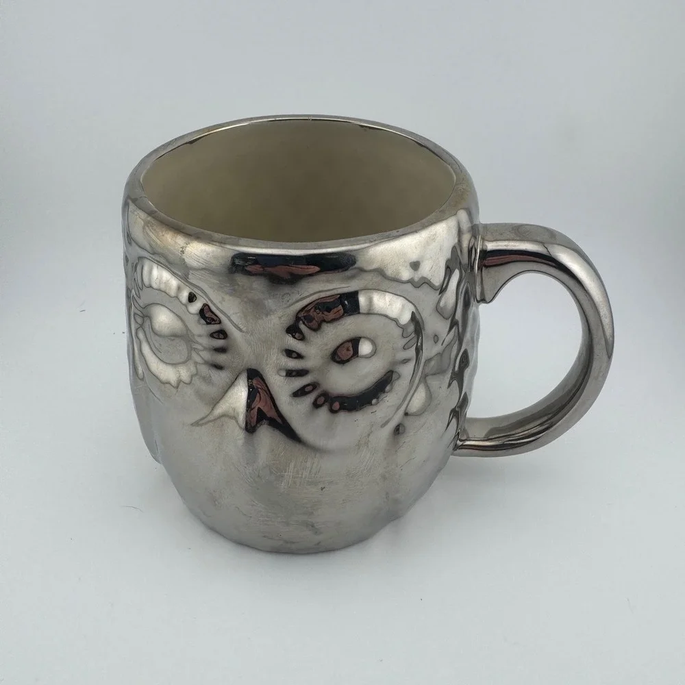 West Elm Owl Coffee Mug Metallic Silver Ceramic Textured Hammered Cup‎